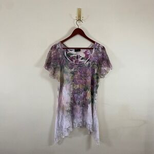 Vintage Y2K Lace Layered Floral Top‎ Bejeweled Purple White XL Fairy Whimsy Fem